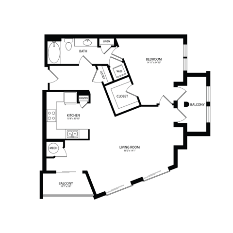 Floor plan for 1 bed, 1 bath, 934 sqft
